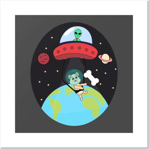 Kawaii dog grabbing a bone with the help of an alien flying saucer Wall Art by Ralph Hovsepian